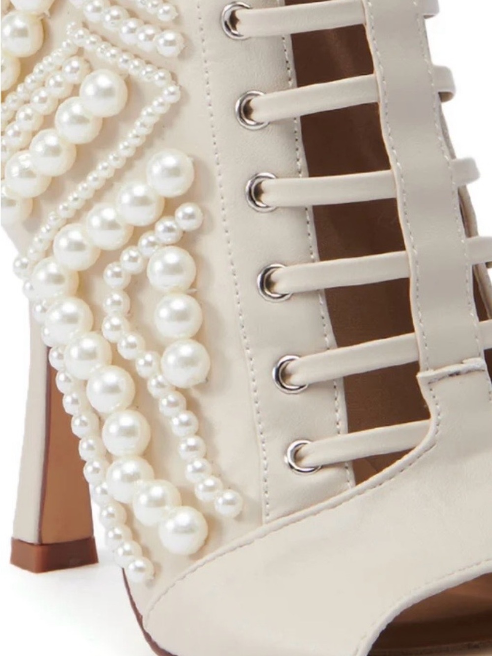 Pearl-Embellished Cream Lace-Up Peep-Toe Stiletto Booties - Picture 8 of 9